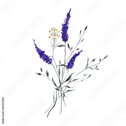Watercolor illustration with wildflowers, herbs, grass and green leaves, isolated on white background