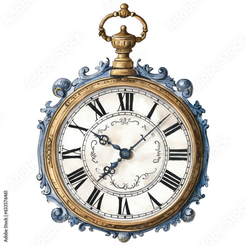 Watercolor Vintage Clock, Antique, Retro, Old Classic Alarm. Isolated on Transparent Background. Generative AI
