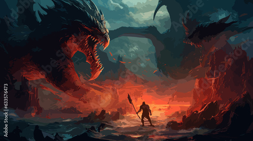 An epic battle between mythical creatures in a fantastical landscape, medium digital painting, style inspired by epic fantasy novels, lighting dramatic sunset with contrasting