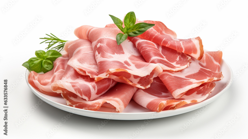 Raw Sliced ham bacon on a plate, Italian speck isolated white background on white dish with green herb generative AI photo