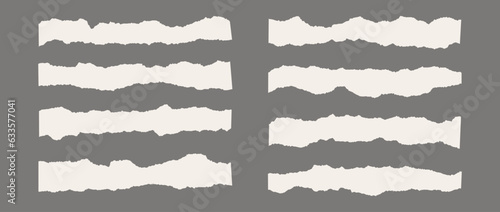 Set of torn pieces of paper. Thin and long material strip with jagged edges. Beige ripped horizontal fragments collection. Textured grunge element bundle for collage, text box, banner, sticker. Vector