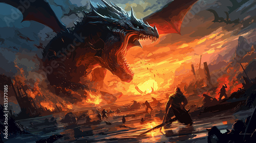 An epic battle between mythical creatures in a fantastical landscape, medium digital painting, style inspired by epic fantasy novels, lighting dramatic sunset with contrasting