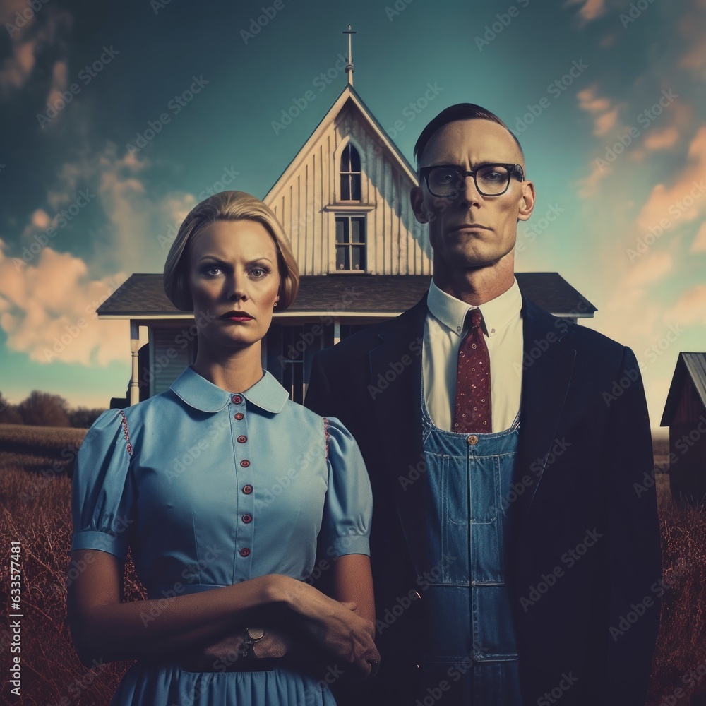 Beyond the Pitchfork Decoding Symbolism in 'American Gothic, generative ai Stock Illustration