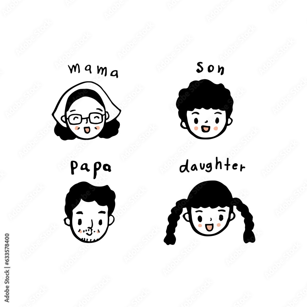 Cute happy family members faces, hand drawn icon style vector Cute happy family members faces, hand drawn icon style vector