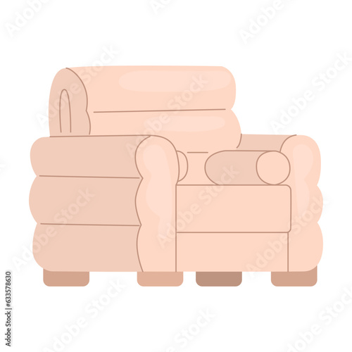 Large comfortable armchair with leather upholstery and modern design. A cozy place to read or relax. Vector illustration isolated on white background. Design for furniture stores.