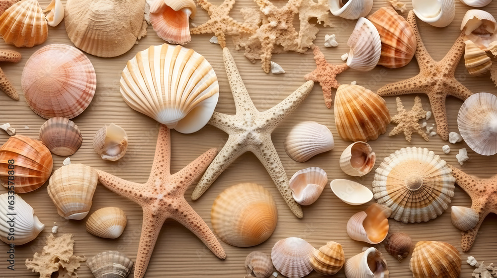 Beautiful composition from seashells and starfish Beautiful composition from seashells and starfish