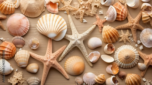 Beautiful composition from seashells and starfish 