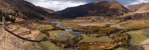 Aerial image of small bends in a high Andean river