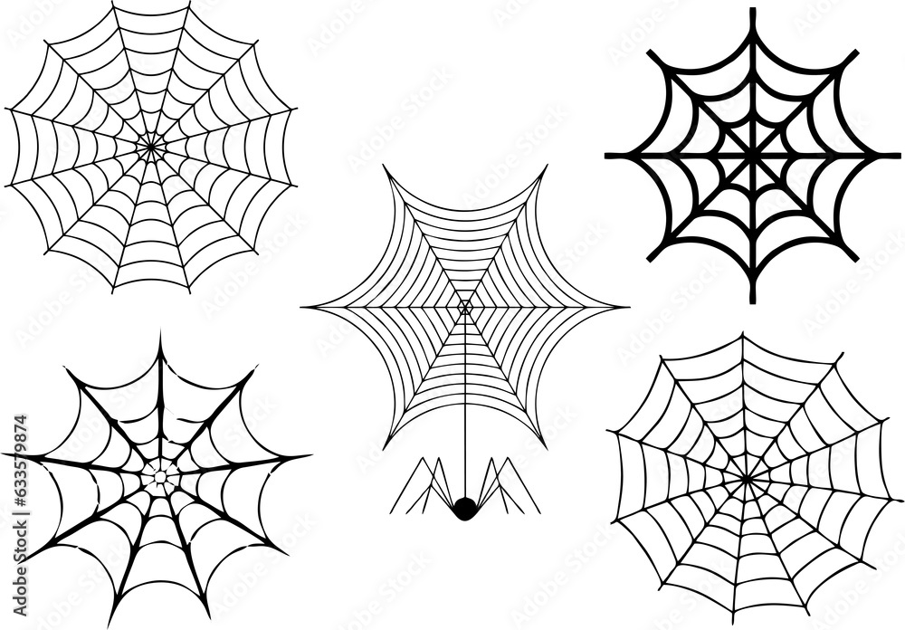 Set of Halloween monochrome spider webs and spider.  Hector venom cobweb set. High resolution images on white background.