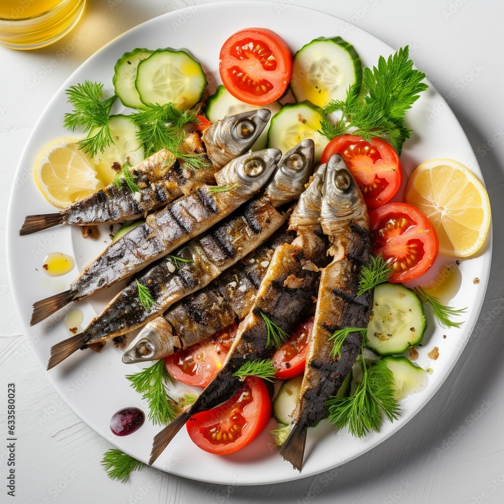 Fresh Grilled sardines served with fresh tomatoes, cucumber slices, and lemon on white plate for mediterranean healthy meal. Generative AI Fresh Grilled sardines served with fresh tomatoes, cucumber slices, and lemon on white plate for mediterranean healthy meal. Generative AI