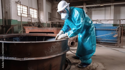 men in full hazmat suits cleaning chemicals and industrial waste