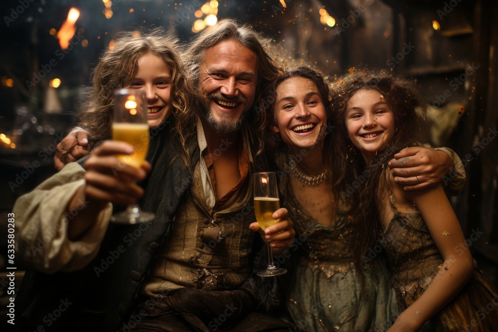 Family Toasting With Champagne On New Year, Generative AI Family Toasting With Champagne On New Year, Generative AI