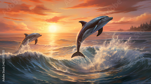 dolphins playfully leaping above the water's surface © Asep