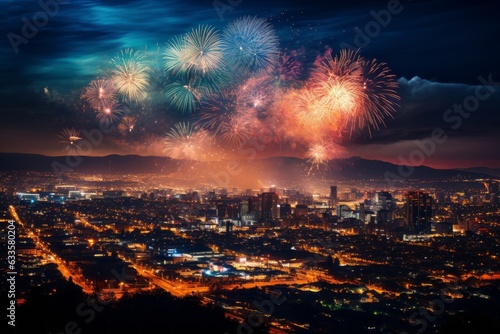 City Skyline Illuminated With Colorful Firework  Generative AI