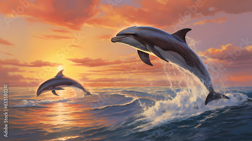 dolphins playfully leaping above the water's surface © Asep