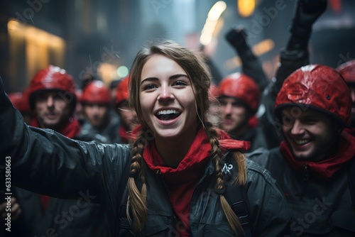 Women smiling in rainy day with many people in back (ID: 633580663)