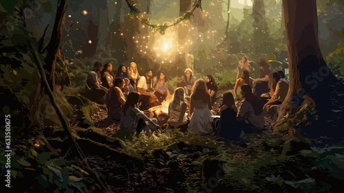 A gathering of mythical beings in a hidden forest glade, medium: digital art, style: whimsical and enchanting, lighting: dappled sunlight through leaves, colors: vibrant greens and soft fairy lights, 