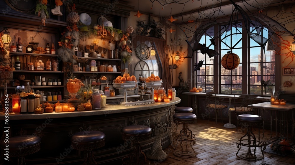 Halloween-inspired cafe with ghostly decorations and cosy ambiance. Embrace the spooky vibes.