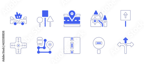 Road icon set. Duotone style line stroke and bold. Vector illustration. Containing car, accident, road, sign, mountain, straight, intersection, destination, driving, test, directions.