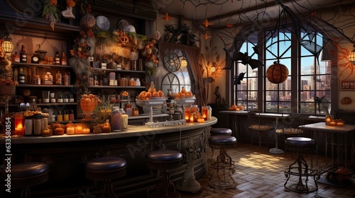 Halloween-inspired cafe with ghostly decorations and cosy ambiance. Embrace the spooky vibes.