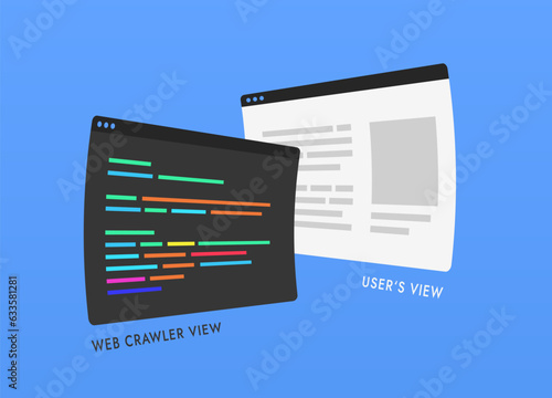 Comparison and difference in how search engine crawler spider bot and user sees web page. Crawler bot scans website as code, ignoring graphic styles and scripts