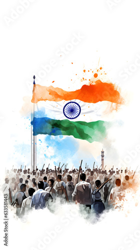 15th August Happy Independence Day of India, wavy Indian flag, tricolour with Famous monument, background
