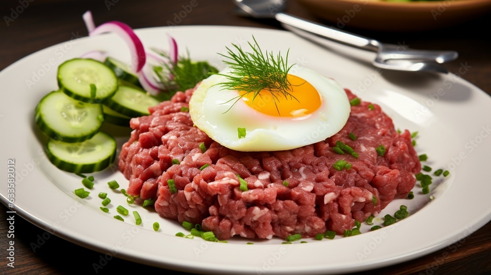 Tasty Steak tartare Raw beef - classic steak tartare on white plate Awesome background. Generative AI Tasty Steak tartare Raw beef - classic steak tartare on white plate Awesome background. Generative AI
