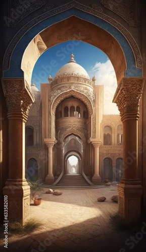 Islamic Arch mosque 3d illustration. Ai Generative