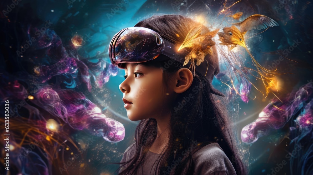 using virtual reality headset to travel to a fantasy world with vibrant colors and images