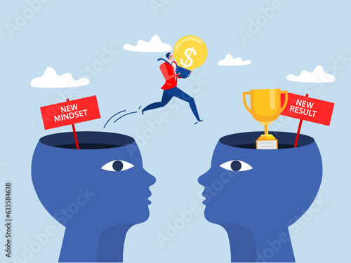 Human Brain growth mindset, Businessman Jumping from thinking New Mindset into New Result. Improvement Concept. Success And Personal Development Concept.