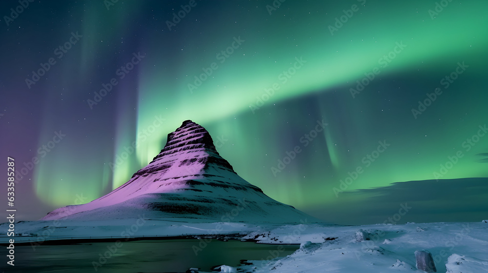 night starry sky with polar lights. Night winter landscape with aurora, and snowy mountains. landscape background. night starry sky with polar lights. Night winter landscape with aurora, and snowy mountains. landscape background.