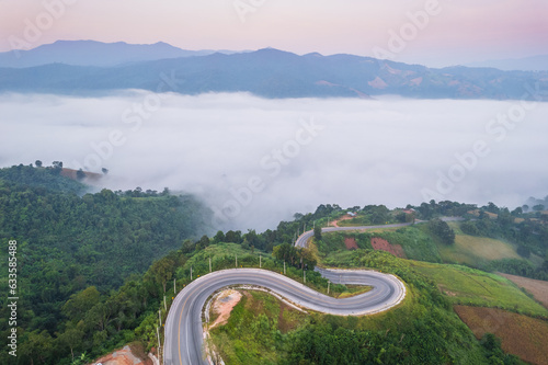 Beautiful road in the morning  on countryside of Leoi province, Thailand. photo