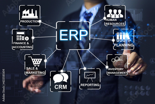 Businessman with ERP, Enterprise Resource Planning concept. Providing advanced capabilities to automate operational processes, react in real time, automatic updates and gain a competitive advantage