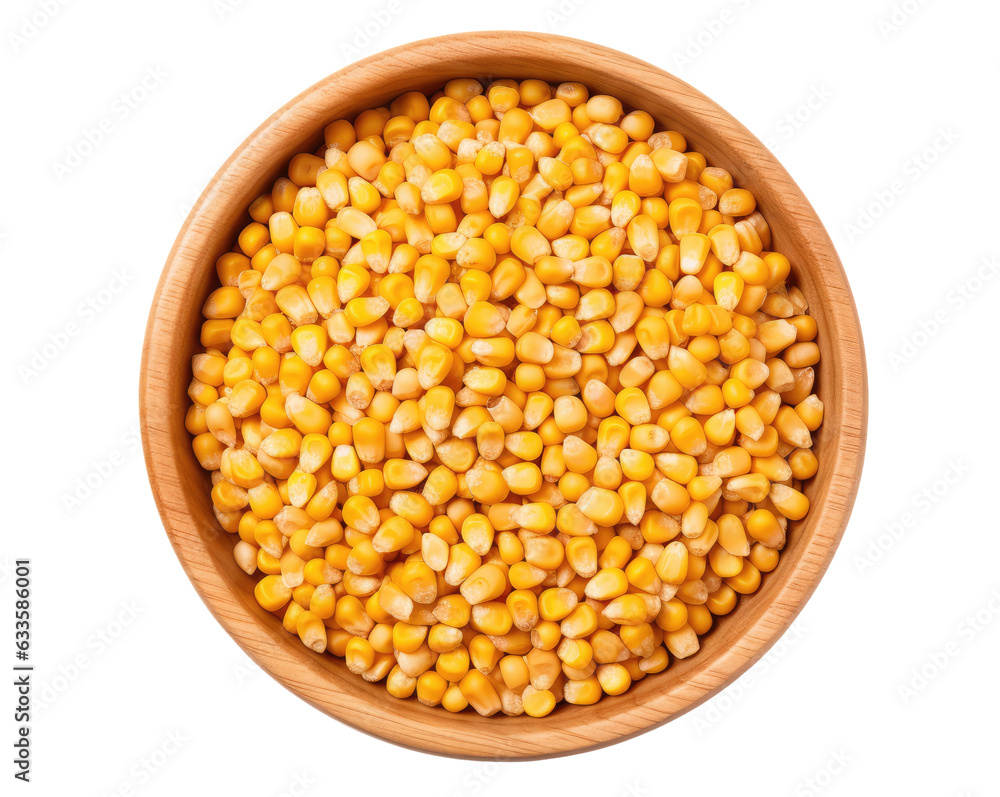 Wooden bowl full of ripe corn seeds isolated on transparent background, top view Wooden bowl full of ripe corn seeds isolated on transparent background, top view