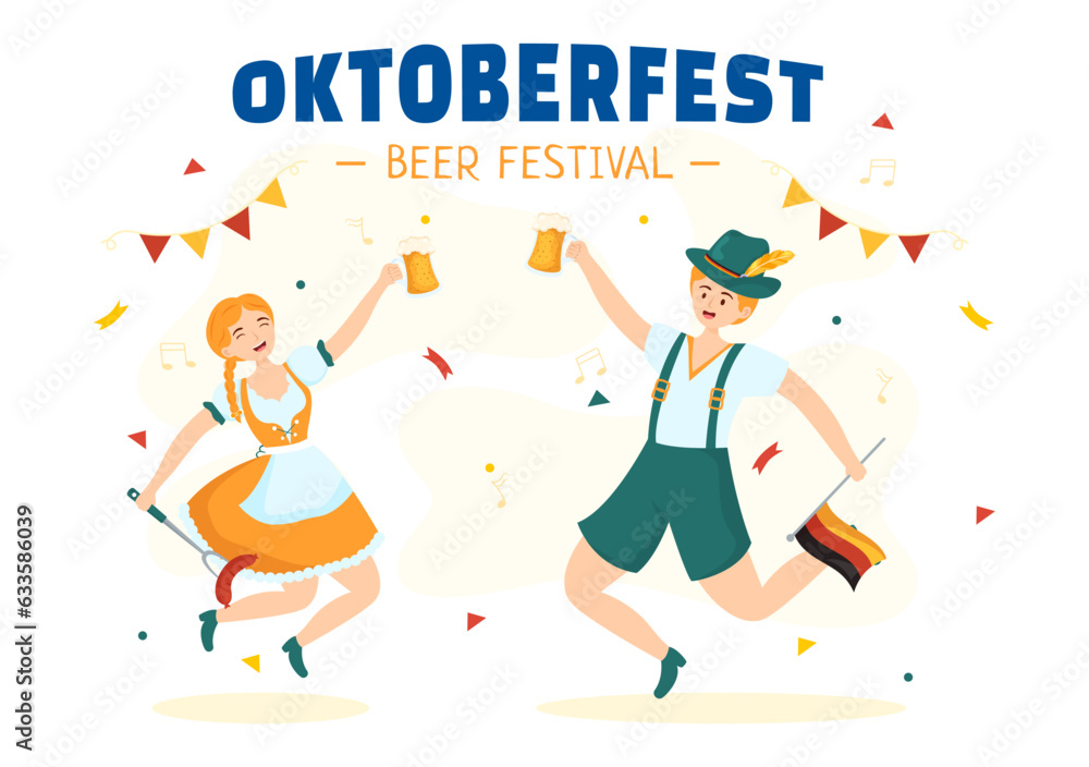 Happy Oktoberfest Party Festival Vector Illustration with Beer, Sausage, Gingerbread, German Flag and ets Background Flat Cartoon Hand Drawn Templates