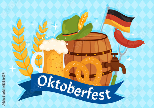 Happy Oktoberfest Party Festival Vector Illustration with Beer, Sausage, Gingerbread, German Flag and ets Background Flat Cartoon Hand Drawn Templates
