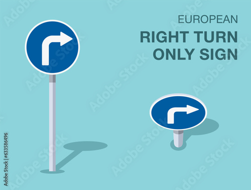 Traffic regulation rules. Isolated european right turn only sign. Front and top view. Flat vector illustration template.