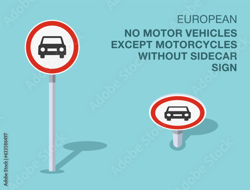 Traffic regulation rules. Isolated european no motor vehicles except motorcycles without sidecar sign. Front and top view. Flat vector illustration template.