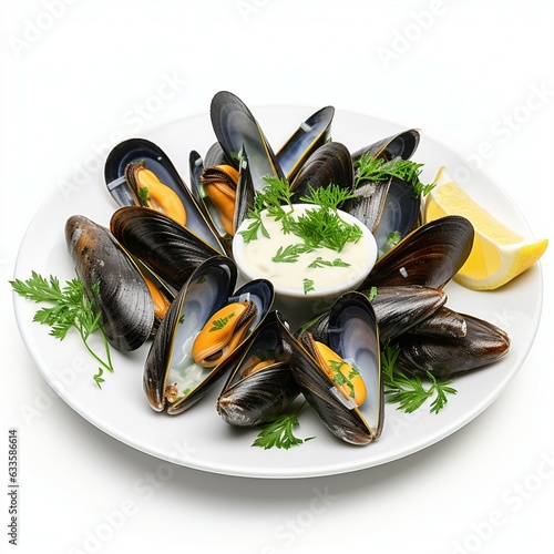 Mussel with white wine sauce on table white background. Generative AI