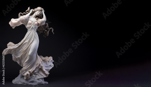 The elegant composition highlights a graceful woman wearing a flowing dress against a dark background.