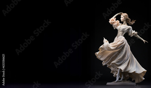 A graceful woman in a flowing dress is elegantly depicted by a porcelain figurine set against a dark background, creating a captivating visual contrast. Marble statue of a ballerina.