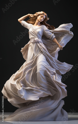An elegant porcelain statuette highlights a graceful woman in a flowing gown set against a dark backdrop in a striking composition.