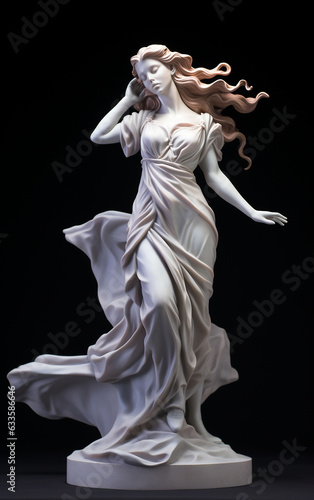 Beautiful porcelain sculpture capturing the grace of a woman in a flowing attire, set against a dark background. Marble statue of a ballerina