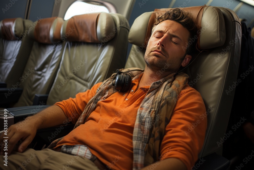 Fototapeta premium Tired Traveler Catching Some Rest On A Flight, Generative AI