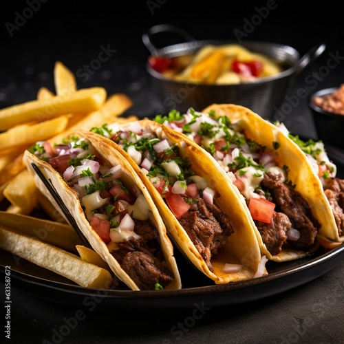 Beef tasty tacos served with golden French fries black background. Generative AI