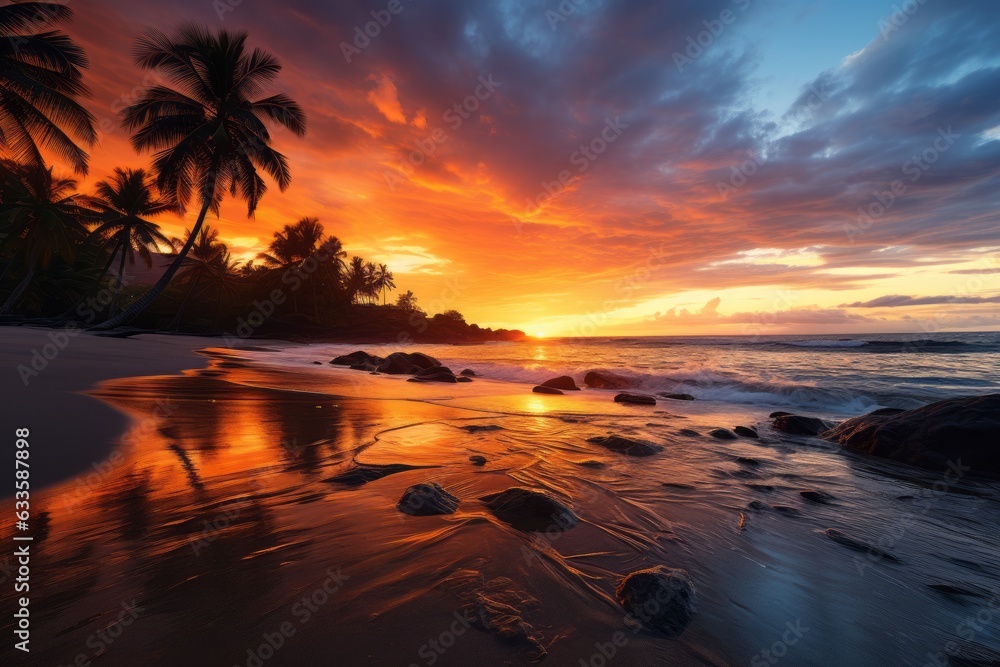 Vibrant Sunset Casting Warm Hues Over The Beach, Generative AI