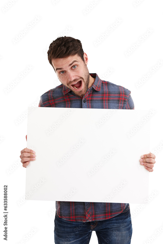 Man portrait, hand holding and mockup, banner and wow news on isolated, transparent and png background. Surprise, deal and male model face with space, banner and presentation, quote or sign up deal Man portrait, hand holding and mockup, banner and wow news on isolated, transparent and png background. Surprise, deal and male model face with space, banner and presentation, quote or sign up deal