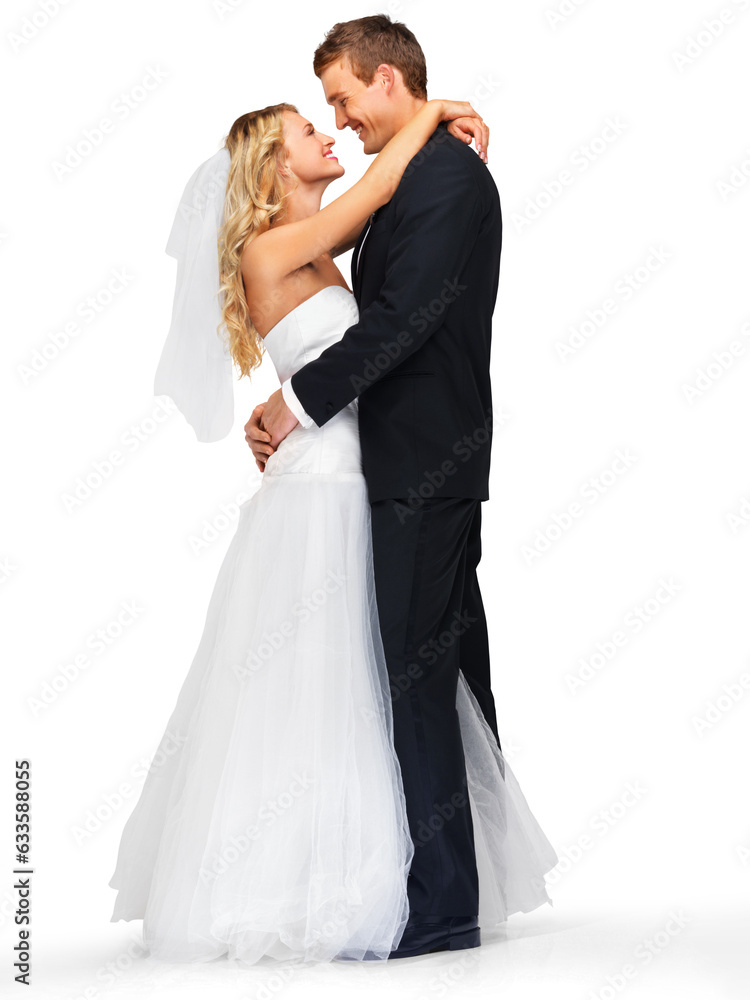 Wedding, marriage and couple hug for love on isolated, png and transparent background. Bride and groom, event and happy man and woman embrace for celebration, ceremony and commitment with care