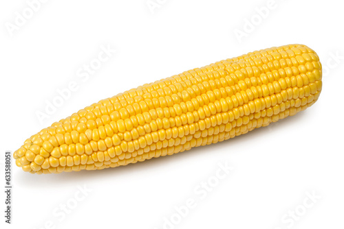 Ear of corn on a white background. Natural corn. A large yellow ear of corn.