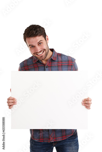 Happy, man and portrait with mockup, banner and news promo on isolated, transparent and png background. Smile, deal and male model face with space, poster and presentation, sign up or billboard